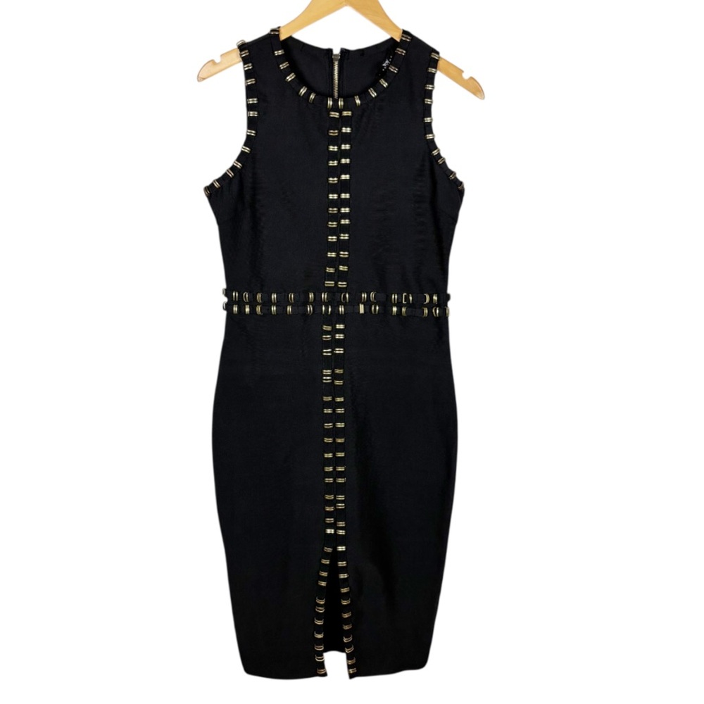 Wow Couture Bandage Dress Size Large Black Gold Sleeveless - Picture 6 of 6